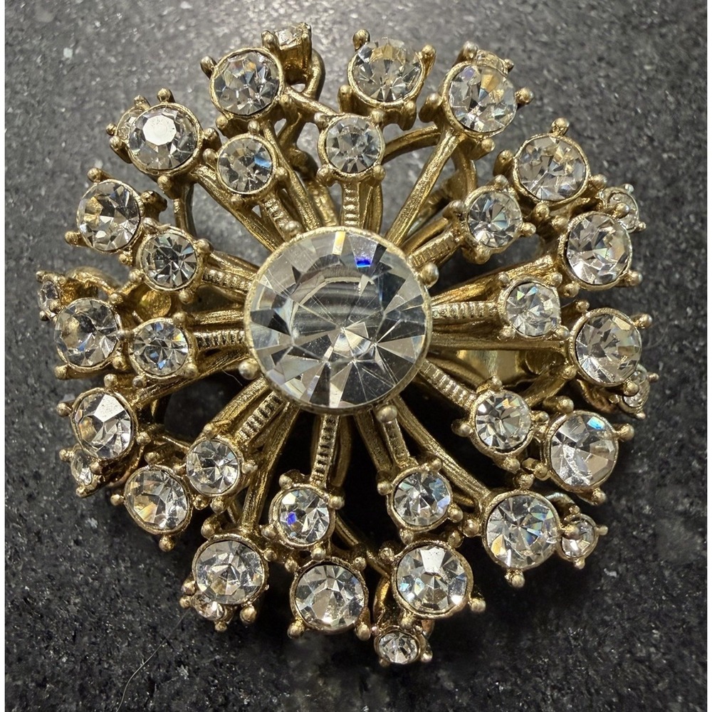 Vintage Rhinestone Brooch Pendant 2" Gold Tone Starburst Flower Convertible Pin